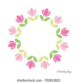 Floral round frame. Embroidered tulips isolated on white.