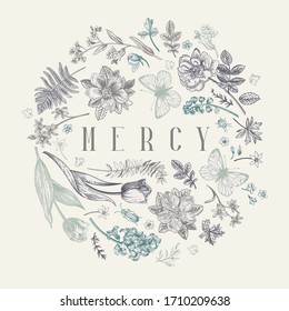 Floral round frame with flowers and butterflies. Little garden. Delicate dusty colors. Vector illustration.