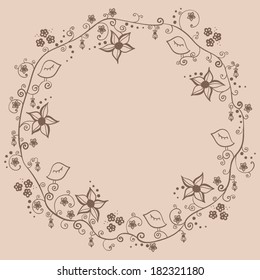 Floral round frame with flowers, leaves and birds, spring design with empty space for your text