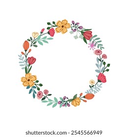 Floral round frame. Flowers wreath. Hand drawn simplified drawing of flowers, leaves, twigs, arranged in circle. Print for t-shirt, wedding and greeting cards, invitations