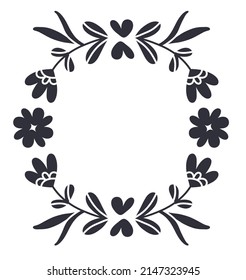 Marco redondo floral de estilo folclórico. Ilustración vectorial en blanco y negro. Diseño escandinavo.