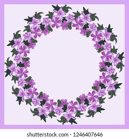 Floral round frame from gallant mallow wild flowers. Greeting card template. Design artwork for the poster, tee shirt, pillow, home decor. Summer garden flowers wreath.