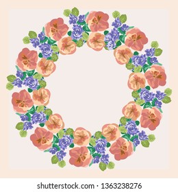 Floral round frame from gallant summer wild flowers. Greeting card template. Design artwork for the poster, tee shirt, pillow, home decor. Summer garden flowers wreath.