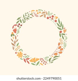 Floral round frame. Graphic element for website. Template, layout and mock up. Spring and summer season. Aesthetics and elegance. Branches, leaf and berries. Cartoon flat vector illustration