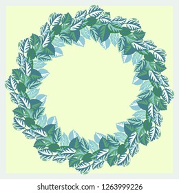 Floral round frame from green leaves. Greeting card template. Design artwork for the poster, tee shirt, pillow, home decor. 