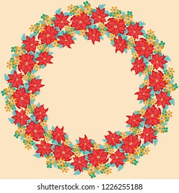 Floral round frame. Greeting card template. Design artwork for the poster, tee shirt, pillow, home decor. Christmas wreath