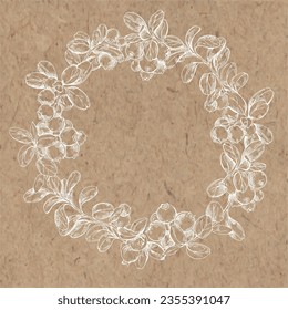 Floral round frame of hand drawn cowberry and place for text on kraft paper. Vector illustration with wild berries.  Excellent for packaging, logo, menu, label, poster, print.