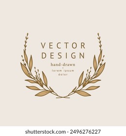 Floral round frame. Hand drawn botanical floral elements in line and silhouette style. Flowers, branches and leaves. Vector for label, logo, corporate identity, wedding invitation, wreath, border