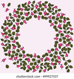 Floral round frame from hand drawn leaves and dog rose berries. Vector greeting card template. Design artwork for the poster, tee shirt, pillow, home decor.