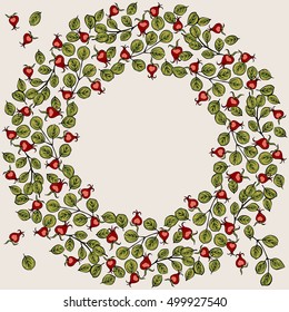 Floral round frame from hand drawn leaves and dog rose berries. Vector greeting card template. Design artwork for the poster, tee shirt, pillow, home decor.