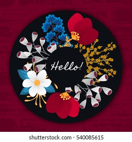 Floral round frame. Hand drawn flowers around circle. Colorful background with blossom. Abstract herb. It can be used for card, postcard, invitation, thank you message. Vector illustration, eps10