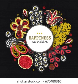 Floral round frame. Hand drawn flowers around circle. Colorful background with blossom. It can be used for design packaging, card, cover, postcard, invitation, label. Vector illustration, eps10