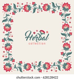 Floral round frame, Jacobean style flowers. Colorful herbal wreath. Vector illustration.