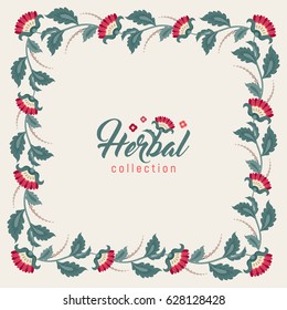 Floral round frame, Jacobean style flowers. Colorful herbal wreath. Vector illustration.