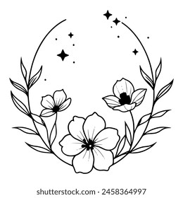 Floral round frame with a large blank central circle surrounded by delicate flowers and leaves, stars embellishing the composition symmetrically
