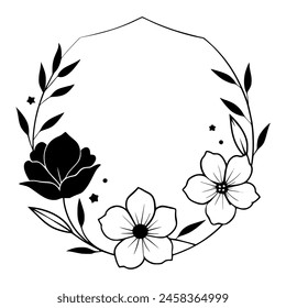 Floral round frame with a large blank central circle surrounded by delicate flowers and leaves, stars embellishing the composition symmetrically