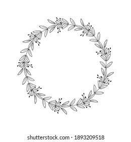 Floral Round Frame With Leaves, Branches, Berries. Hand Drawn Vector Wreath. Beautiful Border For Logo, Invitation, Wedding, Tag, Monogram. Black Linear Drawing On White Background. Circle Plant 