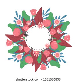 Floral round frame with leaves, tulips and roses. Romantic flower background.