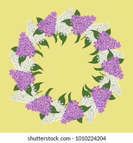 Floral round frame from lilac. White and purple lilac flowers with green leaves on a yellow background. Greeting card template. Vector illustration.