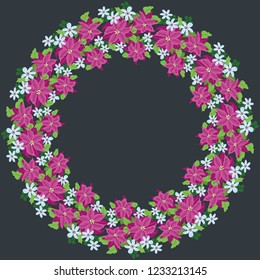 Floral round frame from lovely branches of poinsettia. Greeting card template. Design artwork for the poster, tee shirt, pillow, home decor. Christmas background