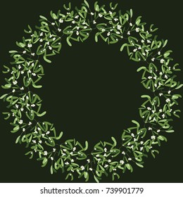 Floral round frame from lovely branches of mistletoe. Greeting card template. Design artwork for the poster, tee shirt, pillow, home decor. Christmas background