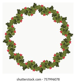 Floral round frame from lovely branches of holly. Greeting card template. Design artwork for the poster, tee shirt, pillow, home decor. Christmas background