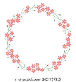Marco redondo floral con muchas flores pequeñas de color rosa. Flores de melocotón rosa. Flores de Sakura. Bonita corona de primavera. Decoración botánica para el diseño, tarjeta. Diseño para el 8 de marzo, Semana Santa. Flores de prado.