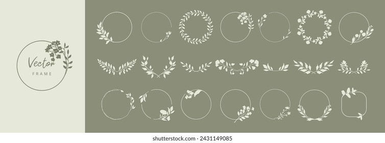 Floral round frame in minimalist style. Hand drawn elegant botanical borders and wreaths with silhouettes of branches, leaves and flowers. Vector isolated set for wedding invitation, card, logo design