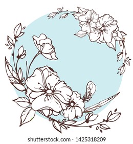 Floral round frame, on a blue background with a place for your text, a template for a postcard, etc., Seasonal decoration, hand-drawing. Vector EPS10