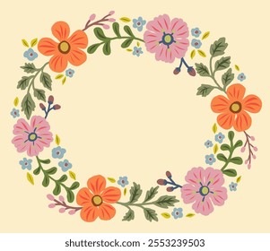 Blumenrunder Rahmen mit orangefarbenen und rosa Blüten, Knospen, roten Beeren und grünen Blättern. Niedlicher Federkranz. Wiesenblumen, Wildpflanzen. Botanische Dekoration für Design, Karte. Entwurf für 8. März, Ostern.