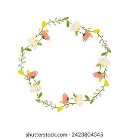 Floral round frame, ornament, spring colors. On white isolated background. For your postcard design, invitations, congratulations