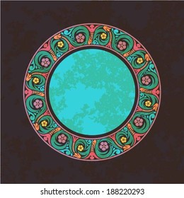 Floral round frame, plate design, grunge background, vintage ornament, vector