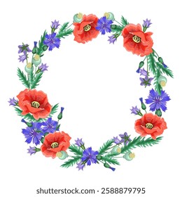 Floral round frame of poppies,cornflowers and bluebells isolated on a white background.Vector frame for the design of postcards,textiles,holiday designs.