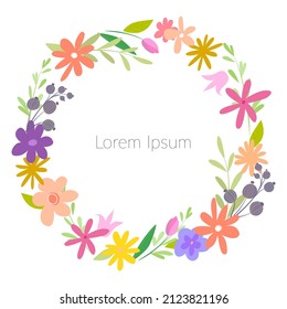 Floral round frame. Poster for holidays, template. Hand drawn vector illustration, isolated on white background