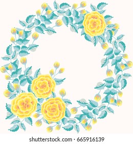 Floral round frame from pretty flowers. Vector greeting card template. Design artwork for the poster, tee shirt, pillow, home decor. Summer flowers with green leaves.