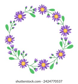 Floral round frame with purple flowers, buds and green leaves. Botanical decor for design, card. Spring wreath. Design for 8 march, easter. Meadow flowers, wild plants. Daisies.