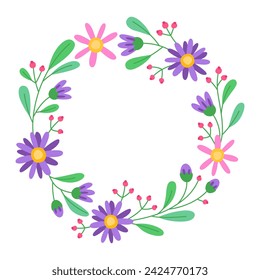 Marco redondo floral con flores moradas y rosas, brotes, bayas rojas y hojas verdes. Bonita corona de primavera. Flores de prado, plantas silvestres. Decoración botánica para el diseño, tarjeta. Diseño para el 8 de marzo, Semana Santa.