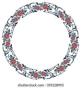 Floral round frame with roses in Nouveau style. Vintage flowers arranged on a shape of the wreath, for wedding invitations and birthday cards. Vector clip art.