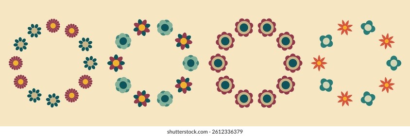 Floral round frame set in retro style. Vector illustration. Ideal for creative summer design projects