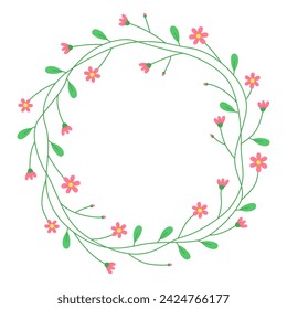 Marco redondo floral con pequeñas flores rosas. Bonita corona de primavera. Flores de prado. Plantas de primavera y verano. Decoración botánica para el diseño, tarjeta. Diseño para el 8 de marzo, Semana Santa.