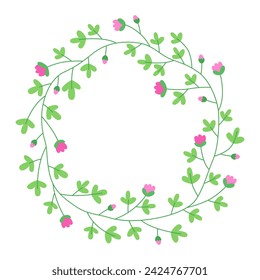 Blumenrunder Rahmen mit kleinen rosa Blüten und grünen Blättern. Netter Frühlingskranz. Wiesenblumen. Frühlings- und Sommerpflanzen. Botanisches Dekor für Design, Karte. Design für den 8. März, Ostern.