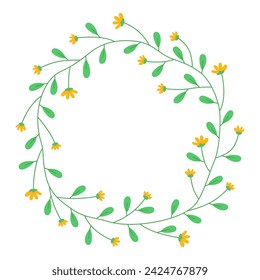 Floral round frame with small yellow flowers. Elegant spring wreath. Meadow flowers. Spring and summer plants. Botanical decor for design, card. Design for 8 march, easter.