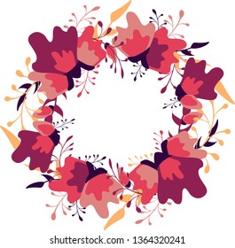 Floral round frame with space for text. Flowers, pink and purple. Isolated on white. Vector illustration. 