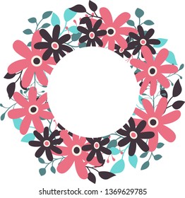 Floral round frame with space for text. Flowers, pink and blue. Isolated on white. Vector illustration. 