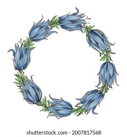 Floral round frame, space for text. Blue flower buds design