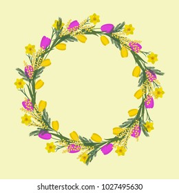 Floral round frame from spring flowers. Yellow and pink flowers of tulips, daffodils and mimosa on a beige background. Greeting card template. It can be used as an design element in projects. Vector