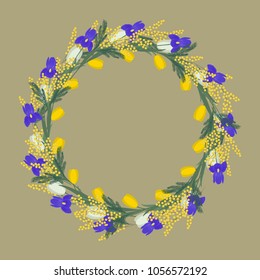 Floral round frame from spring flowers. Yellow and white flowers of tulips, purple irises and mimosa on a beige background. Greeting card template. It can be used as an design element in projects. 