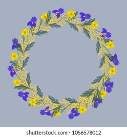 Floral round frame from spring flowers. Yellow daffodils, mimosa and purple irises  on a gray background. Greeting card template. It can be used as an design element in projects. Vector illustration