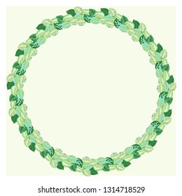 Floral round frame from spring leaves. Greeting card template. Design artwork for the poster, tee shirt, pillow, home decor. October leaves of maple, rowan, ash.
