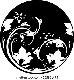 Floral round frame in stencil style with decorative pattern. Can be  used as stencil-plate for your color paint or other design. 